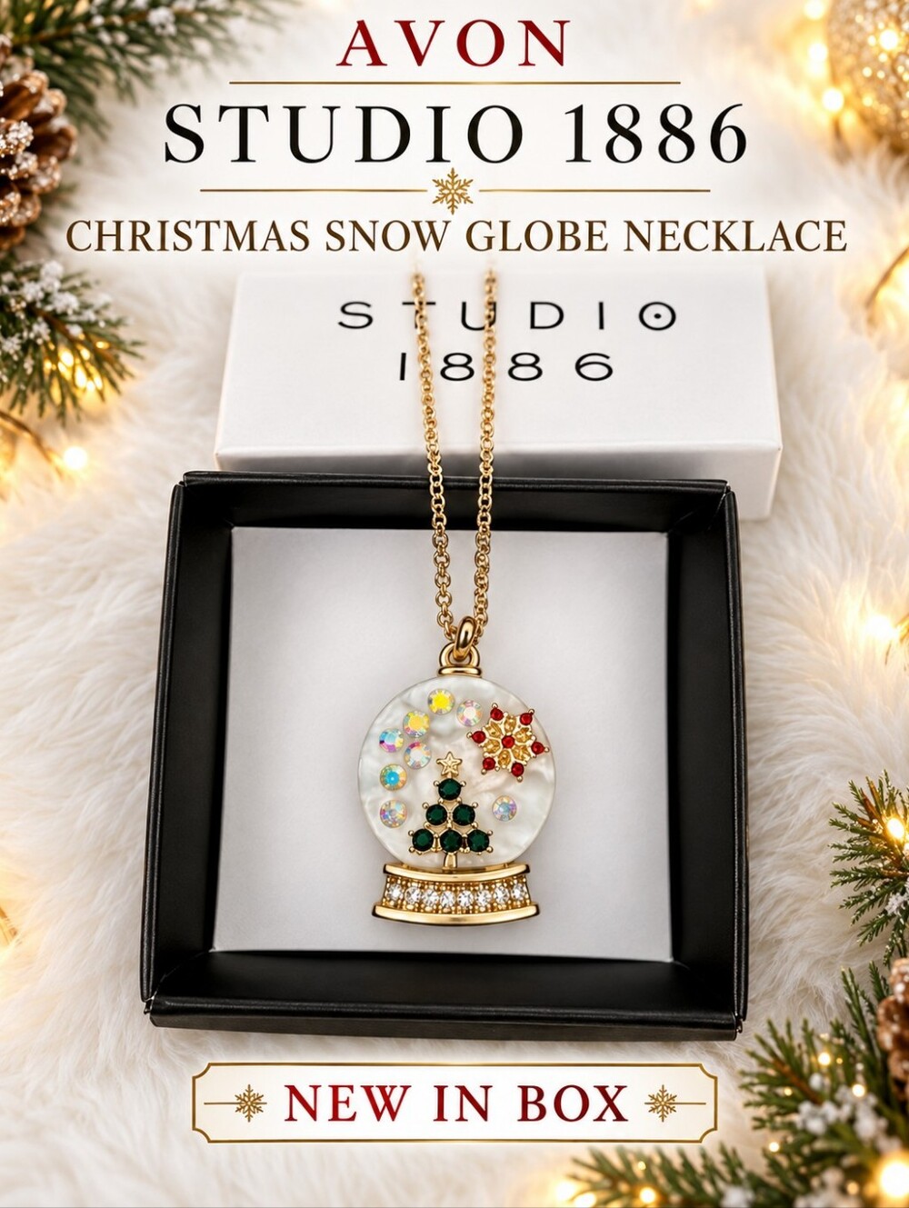 Avon Studio 1886 Christmas Snow Globe Pendant Necklace NIB
